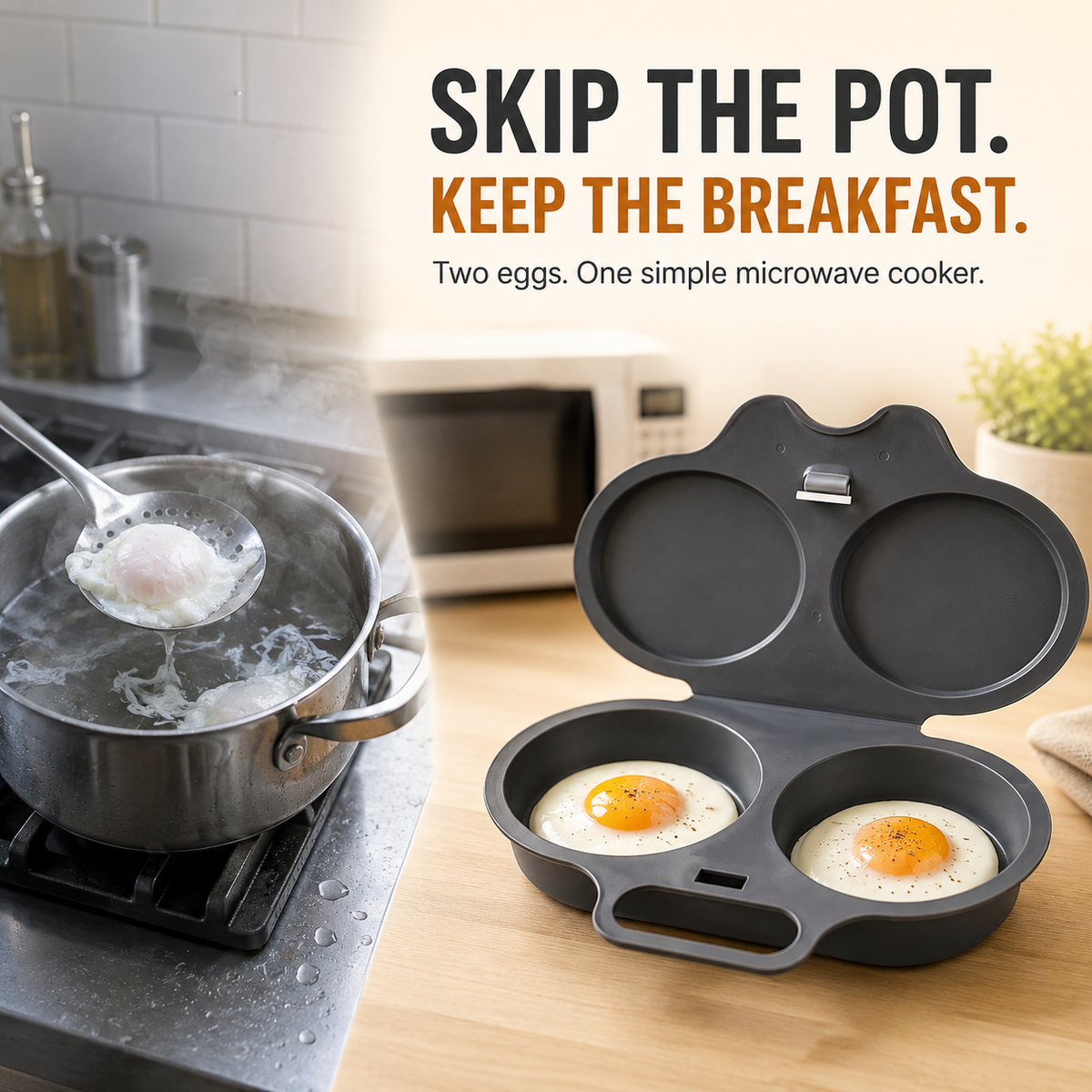 Traditional pot poaching compared with a compact microwave egg cooker