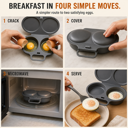 Four steps for using the 2-Egg Microwave Poacher